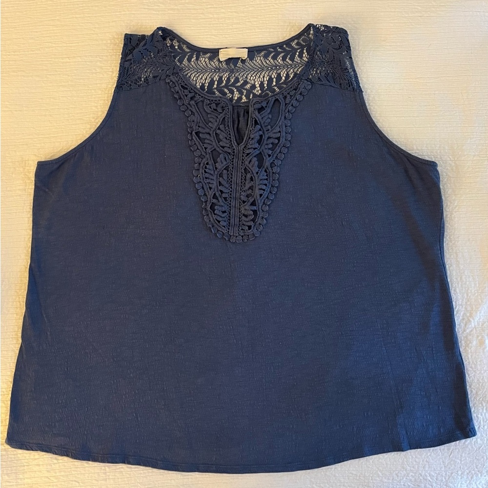 Dept 222 Blue Sleeveless Top with Lace Detail Plus Size 1X